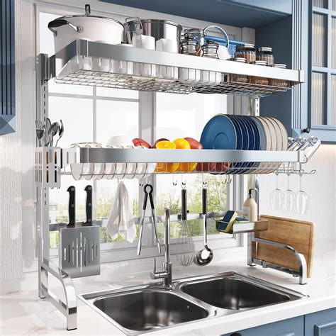 onyx stainless steel over the cabinet rack|Over The Sink Dish Drainer Drying Rack,3 Tier Adjustable Length .